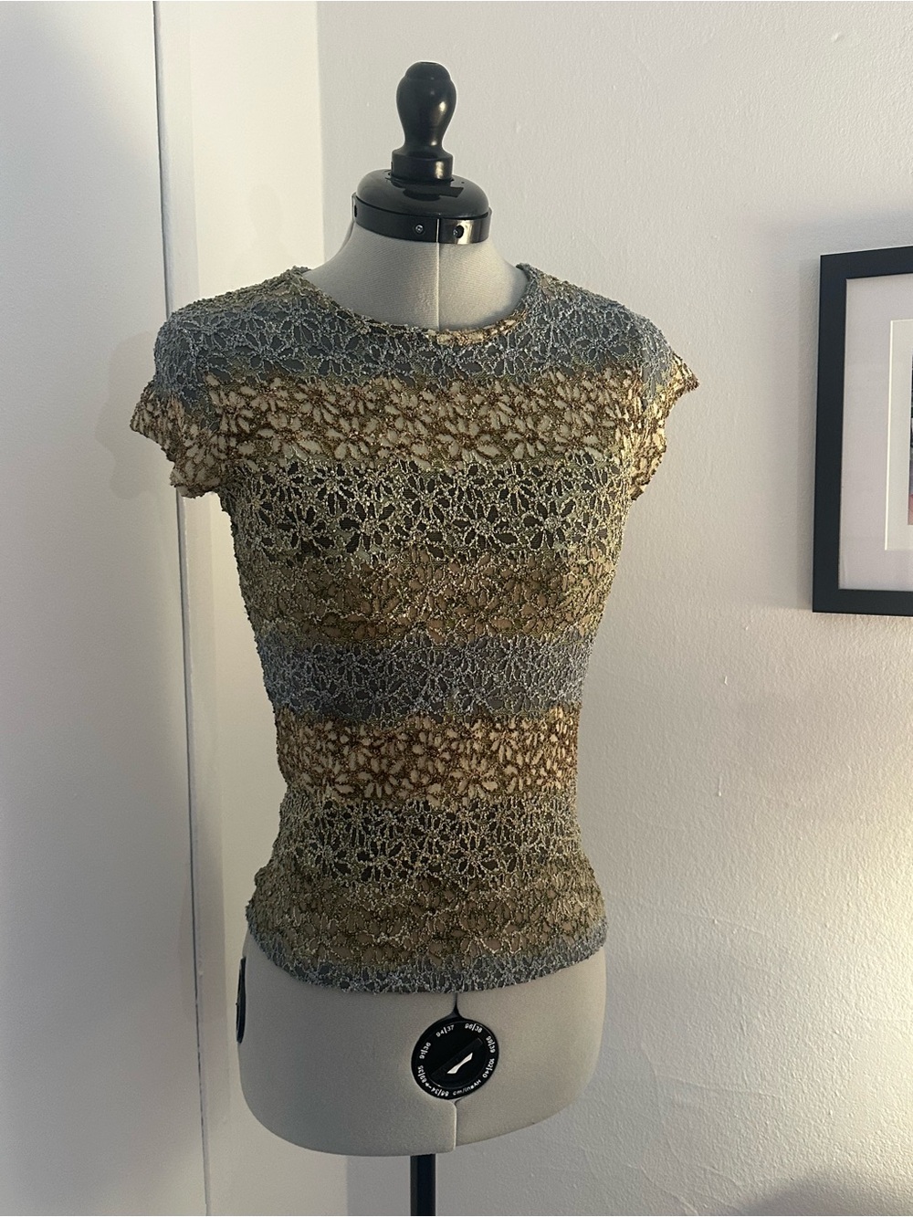Striped Crochet Lace Long-Sleeve Tee in Olive and Blue-Gray